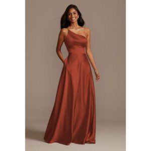 NWT David's Bridal One Shoulder Satin A-Line Tall Bridesmaid Dress Cinnamon